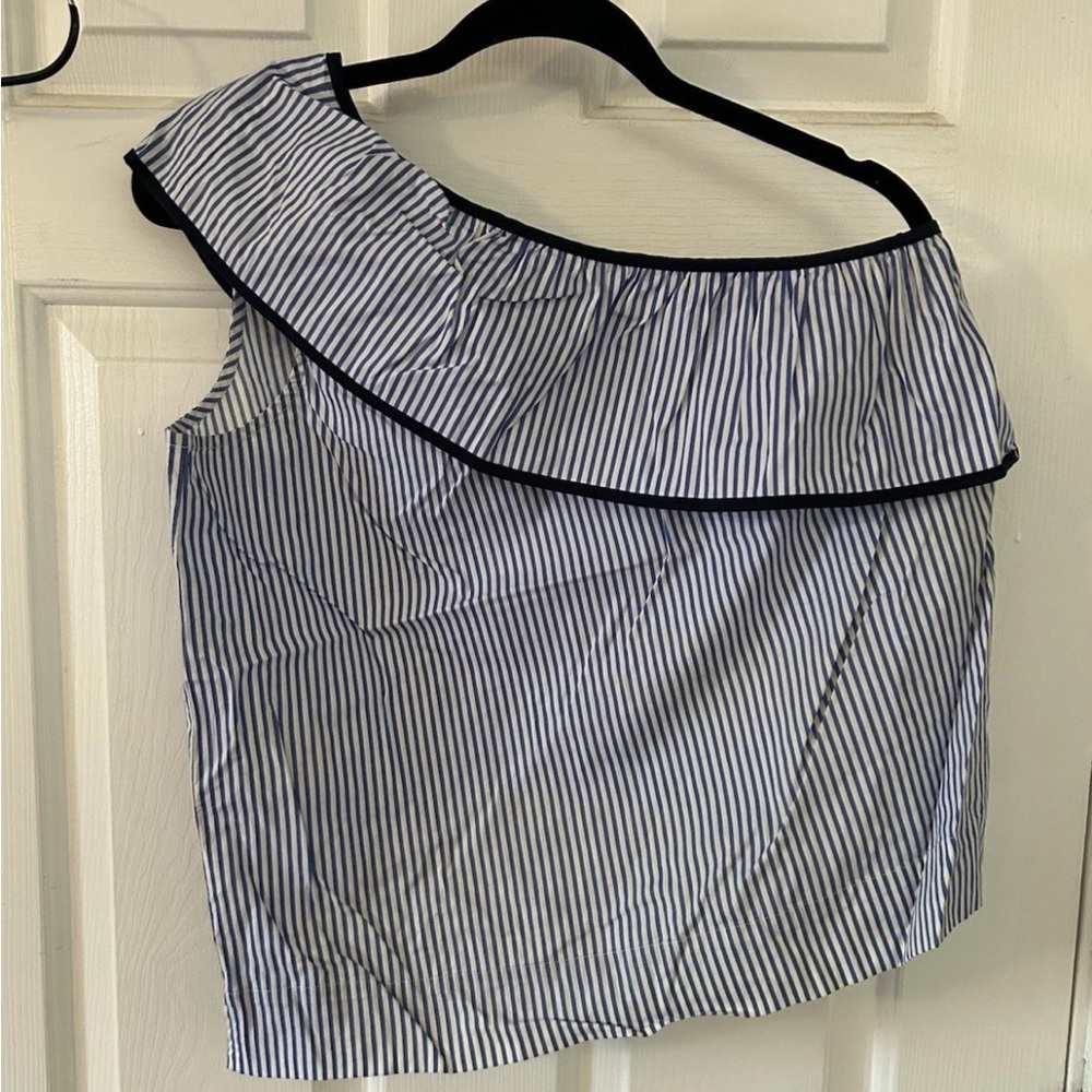 J. Crew Blue and White Striped One-Shoulder Blouse
